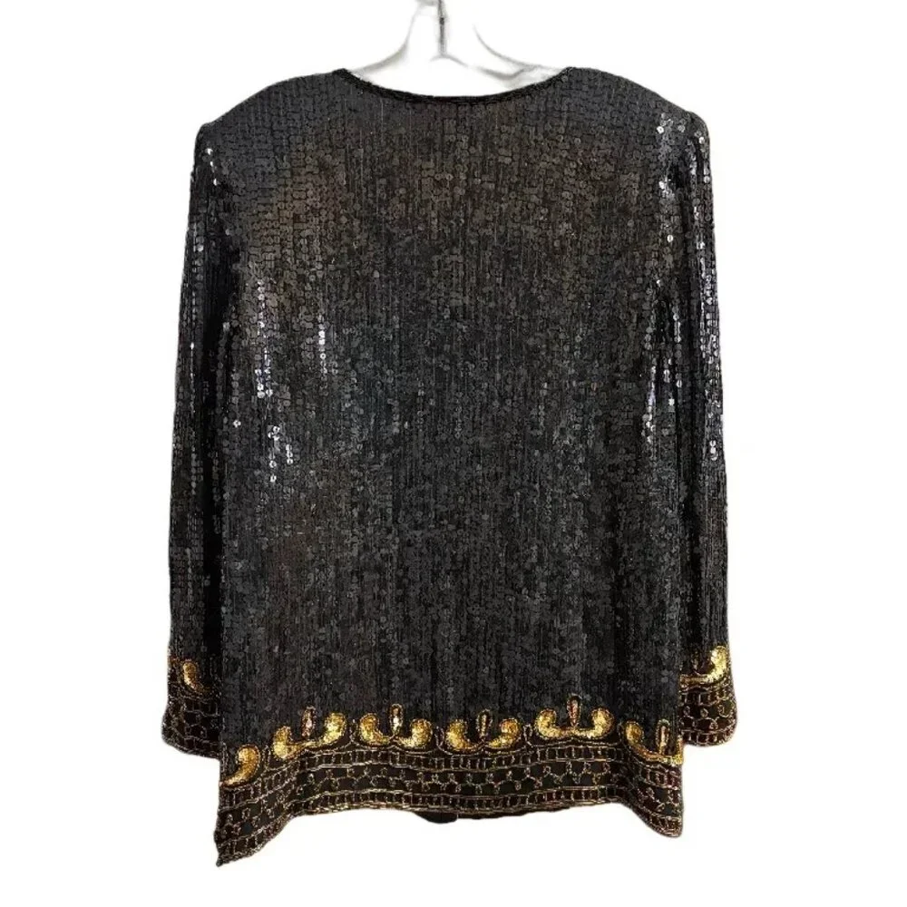VTG STENAY 100% Silk All Over Sequin Beaded Formal Jacket in Black & Gold SZ L